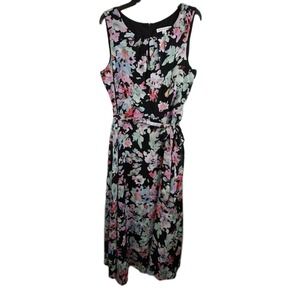 Madison Leigh Floral Midi Dress Women's Size 14 Tie Waist Lined Black Sleeveless